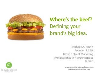 Michelle A. Heath
Founder & CEO
Growth Street Marketing
@michelleheath @growthstreet
#amab
www.growthstreetmarketing.com
www.michelleaheath.com
Where’s the beef?
Defining your
brand’s big idea.
 