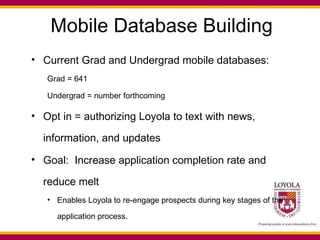 Mobile Database Building Current Grad and Undergrad mobile databases: Grad = 641 Undergrad = number forthcoming Opt in = authorizing Loyola to text with news, information, and updates  Goal:  Increase application completion rate and reduce melt Enables Loyola to re-engage prospects during key stages of the application process. 