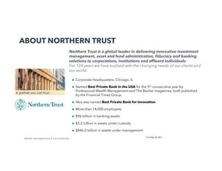 About Northern Trust
!

ABOUT NORTHERN TRUST

!

Northern Trust is a global leader in delivering innovative investment
management, asset and fund administration, ﬁduciary and banking
solutions to corporations, institutions and afﬂuent individuals.
For 124 years we have evolved with the changing needs of our clients and
our world.
! 
! 

A partner you can trust.

Corporate headquarters: Chicago, IL
Named Best Private Bank in the USA for the 5th consecutive year by
Professional Wealth Management and The Banker magazines, both published
by the Financial Times Group.

! 
! 

More than 14,000 employees

! 

$96 billion in banking assets

! 

$5.2 trillion in assets under custody

! 

Wealth Management & Social Media

Also was named Best Private Bank for Innovation

$846.2 billion in assets under management
As of Sept. 30, 2013
!

 