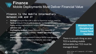 There is no such thing as zero
TCO in building mobile
deliverables but TCO must be
managed down
Maintain Fiscal
Discipline but
Ensure Fiscal
Flexibility
Finance
Mobile Deployments Must Deliver Financial Value
©2015 Blue Hill Research. All Rights
Reserved.
Finance is the Mobile Intermediary
Between LOB and IT
• Strategic: Ensure that LOB is able to maximize topline revenue
• Tactical: Ensure that IT and mobile dev teams deliver rapid,
highly secure and maximum mobile value at minimal
effective cost
• Profitability Analysis: Create ROI and TCO measures of
success and constantly evaluate - mobile app usage analytics
are critical
• Legal: Develop and implement internal BYOD management
policies (monitor and analyze employee app usage)
 