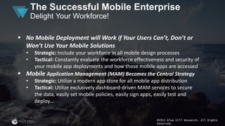 ©2015 Blue Hill Research. All Rights
Reserved.
The Successful Mobile Enterprise
Delight Your Workforce!
 No Mobile Deployment will Work if Your Users Can’t, Don’t or
Won’t Use Your Mobile Solutions
• Strategic: Include your workforce in all mobile design processes
• Tactical: Constantly evaluate the workforce effectiveness and security of
your mobile app deployments and how those mobile apps are accessed
 Mobile Application Management (MAM) Becomes the Central Strategy
• Strategic: Utilize a modern app store for all mobile app distribution
• Tactical: Utilize exclusively dashboard-driven MAM services to secure
the data, easily set mobile policies, easily sign apps, easily test and
deploy…
 