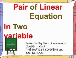 Pair of Linear
Equation
in Two
variable
Presented by the : Aman Meena
CLASS : Xth A
THE BAPTIST CONVENT Sr.
Sec. SCHOOL
 