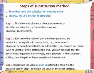Steps of substitution method
 To understand the substitution method more
 clearly, let us consider it stepwise:
Step 1 :...