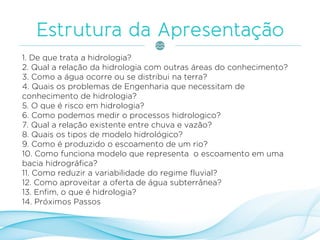 1. De que trata a hidrologia?
2. Qual a relação da hidrologia com outras áreas do conhecimento?
3. Como a água ocorre ou se distribui na terra?
4. Quais os problemas de Engenharia que necessitam de
conhecimento de hidrologia?
5. O que é risco em hidrologia?
6. Como podemos medir o processos hidrologico?
7. Qual a relação existente entre chuva e vazão?
8. Quais os tipos de modelo hidrológico?
9. Como é produzido o escoamento de um rio?
10. Como funciona modelo que representa o escoamento em uma
bacia hidrográfica?
11. Como reduzir a variabilidade do regime fluvial?
12. Como aproveitar a oferta de água subterrânea?
13. Enfim, o que é hidrologia?
14. Próximos Passos
 