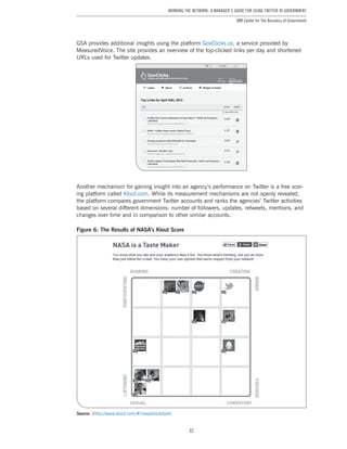 32
Working the Network: A Manager’s Guide for Using Twitter in Government
IBM Center for The Business of Government
GSA provides additional insights using the platform GovClicks.us, a service provided by
MeasuredVoice. The site provides an overview of the top-clicked links per day and shortened
URLs used for Twitter updates.
Another mechanism for gaining insight into an agency’s performance on Twitter is a free scor-
ing platform called Klout.com. While its measurement mechanisms are not openly revealed,
the platform compares government Twitter accounts and ranks the agencies’ Twitter activities
based on several different dimensions: number of followers, updates, retweets, mentions, and
changes over time and in comparison to other similar accounts.
Figure 6: The Results of NASA’s Klout Score
Source: (http://www.klout.com/#/nasa/kloutstyle)
 
