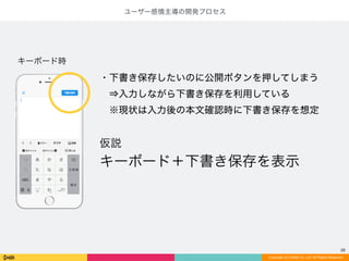 Copyright (C) DeNA Co.,Ltd. All Rights Reserved.
29
ユーザー感情主導の開発プロセス
・下書き保存したいのに公開ボタンを押してしまう
 ⇒入力しながら下書き保存を利用している
 ※現状は入力後の本文確認時に下書き保存を想定
!
仮説	
  
キーボード＋下書き保存を表示
キーボード時
 