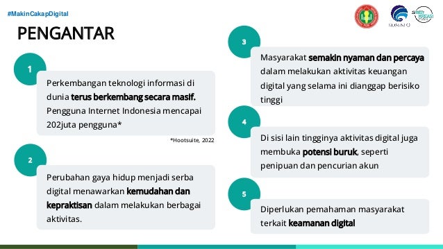#MakinCakapDigital
1
PENGANTAR
2
Perubahan gaya hidup menjadi serba
digital menawarkan kemudahan dan
kepraktisan dalam melakukan berbagai
aktivitas.
Perkembangan teknologi informasi di
dunia terus berkembang secara masif.
Pengguna Internet Indonesia mencapai
202juta pengguna*
3
Masyarakat semakin nyaman dan percaya
dalam melakukan aktivitas keuangan
digital yang selama ini dianggap berisiko
tinggi
4
Di sisi lain tingginya aktivitas digital juga
membuka potensi buruk, seperti
penipuan dan pencurian akun
5
Diperlukan pemahaman masyarakat
terkait keamanan digital
*Hootsuite, 2022
 