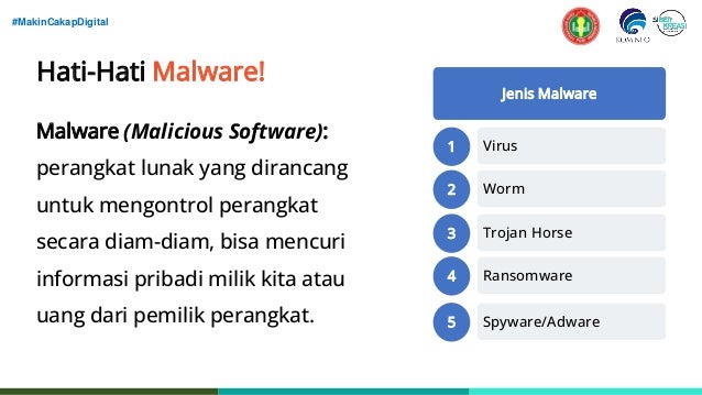 #MakinCakapDigital
Hati-Hati Malware!
Malware (Malicious Software):
perangkat lunak yang dirancang
untuk mengontrol perangkat
secara diam-diam, bisa mencuri
informasi pribadi milik kita atau
uang dari pemilik perangkat.
Jenis Malware
1 Virus
2 Worm
3 Trojan Horse
4 Ransomware
5 Spyware/Adware
 