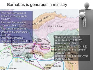 Barnabas is generous in ministry
Paul and Barnabas at
Antioch in Pisidia (Acts
13:4-12)
Paul and Barnabas at
Iconium (Acts 14:1-7)
Paul and Barnabas at
Lystra and Derbe (Acts
14:8-20)
Paul and Barnabas             Barnabas and Saul at
separate (Acts 15:36-41)      Antioch (Acts 11:19-26)
                              Barnabas and Saul
                              appointed (Acts 12:25-13:3)
                              Barnabas and Saul sent off
                              (Acts 13:1-3)
                              Barnabas and Saul on Cyrus
                              (Acts 13:4-12)
 