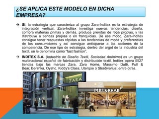 ¿SE APLICA ESTE MODELO EN DICHA
EMPRESA?
 Si, la estrategia que caracteriza al grupo Zara-Inditex es la estrategia de
integración vertical. Zara-Inditex investiga nuevas tendencias, diseña,
compra materias primas y demás, produce prendas de ropa propias, y las
distribuye a tiendas propias o en franquicias. De ese modo, Zara-Inditex
consigue tener respuestas rápidas a las tendencias de moda y preferencias
de los consumidores y así consigue anticiparse a las acciones de la
competencia. De ese tipo de estrategia, dentro del argot de la industria del
textil, se le denomina como “fast fashion”.
 INDITEX S.A. (Industria de Diseño Textil, Sociedad Anónima) es un grupo
multinacional español de fabricación y distribución textil. Inditex opera 5527
tiendas bajo las marcas Zara, Zara Home, Massimo Dutti, Pull &
Bear, Bershka, Oysho, Kiddy's Class, Uterqüe o Stradivarius, entre otras.
 