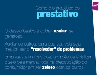 Como é o arquétipo do
                 prestativo
O desejo básico é cuidar, apoiar, ser
generoso.
Auxiliar os outros, para que sua vida seja
melhor; ser o “resolvedor” de problemas.
Empresas e marcas que, ao invés de enfatizar
o zelo pela marca, foca na preocupação do
consumidor em ser zeloso com os outros.
 