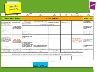 P
                  
                                                                     Junho                                                                                                    Julho
          1st                      2nd                       3rd                            4th                            5th                          1st                                             2nd
                                                                                                                                                                       11/06 FINAL DA COPA
         31 a 4                   7 a 11                   14 a 20                        21 a 25                         28 a 3                       5a9                                             12 a 16


     2. PRÉ COPA DO MUNDO                                                                                  3. COPA DO MUNDO                                                                      4. PÓS COPA
                                                   3.1 Estreia do Brasil 15                                                                                                                     4.1 Apuração do
                                                                               3.2 Jogo do Brasil 25 de junho
2.1 Estimulo de Copa      2.2 inicio de Copa            e 20 de junho                                           3.4 Quartas de Final 2 e 3   3.5 Semi final 6 e 7                               Desafio da Copa
E-mail Marketing com                               Entrega das Camisas                      3.3 Oitavas de Final do 26 ao 29
fotos do dia de Boleiro                            aos vencedores
                            E-mail Marketing                                                                                                                                                    Entrega dos Premios
                          Contagem regressiva                                                                                                                                                   para loja que mais
                          para o fim do desafio.                                                                                                                                                vendeu
Publicação no Portal
das fotos do dia de
Boleiro
                                                   E-mail Marketing com                                                                                                                         E-mail Marketing com
                                                   fotos da entrega da                                                                                                                          fotos da entrega dos
                                                   Camisa                                                                                                                                       premios

                                                   Lançamento das Fotos
Reforço do Desafio Pré                             no Site
Copa (a loja que mais
vender nas proximas 2         Blitz Torcida                                                                                                                            Blitz Torcida Amanco E-mail Marketing com
semanas leva camisas       Amanco distribui                                                                                                                           Caso o Brasil chegue na os resultados do
do Brasil Oficiais)       Kits de Torcedor em                                                                                                                          Final distribui Kits de Bolão
                          PDVs Selecionados A Loja que mais ampliar                                                                                                     Torcedor em PDVs
                                              as suas vendas de                                                                                                            Selecionados
                                              Amanco durante a Copa
                                              irá ganhar premios de Cliente Misterioso (quem indicar                                                                                            Publicação das Fotos
                                              até R$ 700 e-mail mkt Amanco leva a camisa oficial)                                                                                               no Portal
Cliente Misterioso
(quem indicar Amanco        E-mail marketing                                                                                                                                                        Avaliação das
leva a camisa oficial)          Bolão              E-mail marketing Bolão         E-mail marketing Bolão          E-mail marketing Bolão     E-mail marketing Bolão    E-mail marketing Bolão    inscrições no Portal
   Monitoramento de         Monitoramento de                                                                     E-mail marketing Reforço
  inscrições no Portal     inscrições no Portal                Ligação Jogador estimulo ao Bolão                        do Desafio                   Ligação Jogador reforço ao Desafio

                          BOLÃO ON-LINE PONTOS EXTRA POR PARTICIPAR - NOVA OPORTUNIDADE DE CADASTRAR QUEM NÃO HAVIA SE CADASTRADO




                                                                                          telefone 4004 para apoio da campanha



                                                                              Brasil X Portugal
                                                                              Octavio Café 120 pax
 