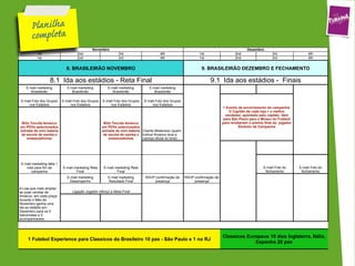P
       
                                              Novembro                                                                                      Dezembro
           1st                       2nd                      3rd                       4th                     1st                  2nd                  3rd                 4th
           1st                       2nd                      3rd                       4th                     1st                  2nd                  3rd                 4th


                              8. BRASILEIRÃO NOVEMBRO                                                            9. BRASILEIRÃO DEZEMBRO E FECHAMENTO

                    8.1 Ida aos estádios - Reta Final                                                                 9.1 Ida aos estádios - Finais
    E-mail marketing           E-mail marketing         E-mail marketing         E-mail marketing
      Brasileirão                Brasileirão              Brasileirão              Brasileirão

E-mail Foto dos Grupos      E-mail Foto dos Grupos   E-mail Foto dos Grupos   E-mail Foto dos Grupos
    nos Estádios                nos Estádios             nos Estádios             nos Estádios
                                                                                                                              1 Evento de encerramento da campanha.
                                                                                                                                  O Capitão de cada loja + o melhor
                                                                                                                                vendedor, apontado pelo capitão. Vem
                                                                                                                               para São Paulo para o Museu do Futebol
 Blitz Torcida Amanco                                 Blitz Torcida Amanco                                                    para receberem o premio final do jogador
em PDVs selecionados                                 em PDVs selecionados                                                              Simbolo da Campanha
entrada de mini bateria                              entrada de mini bateria Cliente Misterioso (quem
 de escola de samba e                                 de escola de samba e indicar Amanco leva a
    embaixadinhas                                        embaixadinhas       camisa oficial do time)




 E-mail marketing falta 1
    mes para fim da         E-mail marketing Reta     E-mail marketing Reta                                                                          E-mail Foto do      E-mail Foto do
       campanha                     Final                     Final                                                                                   fechamento          fechamento
                               E-mail marketing         E-mail marketing       RSVP confirmação de      RSVP confirmação de
                                Desempenho              Resultado Final            presença                  presença

A Loja que mais ampliar
as suas vendas de                 Ligação Jogador reforço a Meta Final
Amanco em cada praça
durante o Mês de
Novembro ganha uma
ida ao estádio em
Dezembro para os 5
balconistas e 5
acompanhantes




                                                                                                                              Classicos Europeus 10 dias Inglaterra, Itália,
     1 Futebol Experience para Classicos do Brasileiro 10 pax - São Paulo e 1 no RJ
                                                                                                                                           Espanha 20 pax
 