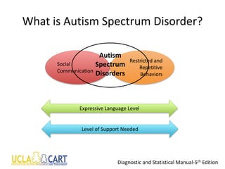 What is Autism Spectrum Disorder?
Social
Communication
Restricted and
Repetitive
Behaviors
Expressive Language Level
Autism
Spectrum
Disorders
Diagnostic and Statistical Manual-5th Edition
Level of Support Needed
 