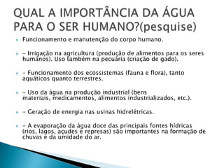  Funcionamento e manutenção do corpo humano.
 - Irrigação na agricultura (produção de alimentos para os seres
humanos). Uso também na pecuária (criação de gado).
 - Funcionamento dos ecossistemas (fauna e flora), tanto
aquáticos quanto terrestres.
 - Uso da água na produção industrial (bens
materiais, medicamentos, alimentos industrializados, etc.).
 - Geração de energia nas usinas hidrelétricas.
 - A evaporação da água doce das principais fontes hídricas
(rios, lagos, açudes e represas) são importantes na formação de
chuvas e da umidade do ar.
 