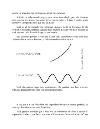 mágoa e a angústia, que escondemos até de nós mesmos.
A ilusão da vida ascendente gera uma eterna insatisfação, pois não basta ser
bom, precisa ser ótimo. Queremos ter a vida perfeita… E isso é muito, muito
cansativo. Chega uma hora que não dá mais!
Você se vê mergulhado em cobranças internas, medo de fracassar, de não
ser bom o bastante, tentando agradar todo mundo. E cada vez mais distante de
você mesmo, cada dia mais longe da paz interior.
Isso acontece porque a vida não é uma linha ascendente e sim uma onda
cheia de altos e baixos. Portanto, a linha ascendente não é natural.
Você não precisa negar seus sentimentos, não precisa estar bem o tempo
todo, não precisa ter uma vida sem nenhum problema.
Chega dessa ilusão!
A sua paz e a sua felicidade não dependem de um casamento perfeito, do
emprego dos sonhos e da casa de revista!
Você precisa entender que a vida vai ter momentos de altos e baixos. O
importante é saber o que fazer, aprender a lidar com os “momentos baixos”, ver
 