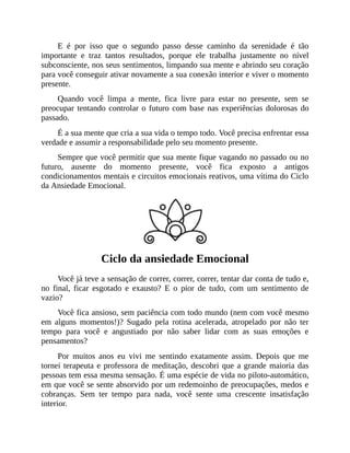 E é por isso que o segundo passo desse caminho da serenidade é tão
importante e traz tantos resultados, porque ele trabalha justamente no nível
subconsciente, nos seus sentimentos, limpando sua mente e abrindo seu coração
para você conseguir ativar novamente a sua conexão interior e viver o momento
presente.
Quando você limpa a mente, fica livre para estar no presente, sem se
preocupar tentando controlar o futuro com base nas experiências dolorosas do
passado.
É a sua mente que cria a sua vida o tempo todo. Você precisa enfrentar essa
verdade e assumir a responsabilidade pelo seu momento presente.
Sempre que você permitir que sua mente fique vagando no passado ou no
futuro, ausente do momento presente, você fica exposto a antigos
condicionamentos mentais e circuitos emocionais reativos, uma vítima do Ciclo
da Ansiedade Emocional.
Ciclo da ansiedade Emocional
Você já teve a sensação de correr, correr, correr, tentar dar conta de tudo e,
no final, ficar esgotado e exausto? E o pior de tudo, com um sentimento de
vazio?
Você fica ansioso, sem paciência com todo mundo (nem com você mesmo
em alguns momentos!)? Sugado pela rotina acelerada, atropelado por não ter
tempo para você e angustiado por não saber lidar com as suas emoções e
pensamentos?
Por muitos anos eu vivi me sentindo exatamente assim. Depois que me
tornei terapeuta e professora de meditação, descobri que a grande maioria das
pessoas tem essa mesma sensação. É uma espécie de vida no piloto-automático,
em que você se sente absorvido por um redemoinho de preocupações, medos e
cobranças. Sem ter tempo para nada, você sente uma crescente insatisfação
interior.
 