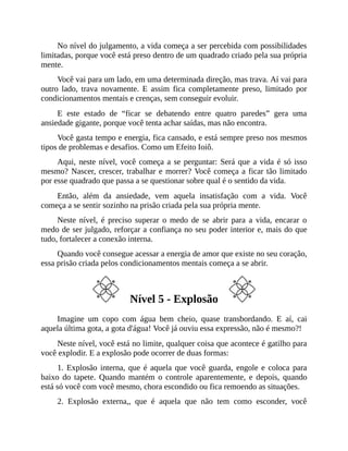 No nível do julgamento, a vida começa a ser percebida com possibilidades
limitadas, porque você está preso dentro de um quadrado criado pela sua própria
mente.
Você vai para um lado, em uma determinada direção, mas trava. Aí vai para
outro lado, trava novamente. E assim fica completamente preso, limitado por
condicionamentos mentais e crenças, sem conseguir evoluir.
E este estado de “ficar se debatendo entre quatro paredes” gera uma
ansiedade gigante, porque você tenta achar saídas, mas não encontra.
Você gasta tempo e energia, fica cansado, e está sempre preso nos mesmos
tipos de problemas e desafios. Como um Efeito Ioiô.
Aqui, neste nível, você começa a se perguntar: Será que a vida é só isso
mesmo? Nascer, crescer, trabalhar e morrer? Você começa a ficar tão limitado
por esse quadrado que passa a se questionar sobre qual é o sentido da vida.
Então, além da ansiedade, vem aquela insatisfação com a vida. Você
começa a se sentir sozinho na prisão criada pela sua própria mente.
Neste nível, é preciso superar o medo de se abrir para a vida, encarar o
medo de ser julgado, reforçar a confiança no seu poder interior e, mais do que
tudo, fortalecer a conexão interna.
Quando você consegue acessar a energia de amor que existe no seu coração,
essa prisão criada pelos condicionamentos mentais começa a se abrir.
Nível 5 - Explosão
Imagine um copo com água bem cheio, quase transbordando. E aí, cai
aquela última gota, a gota d'água! Você já ouviu essa expressão, não é mesmo?!
Neste nível, você está no limite, qualquer coisa que acontece é gatilho para
você explodir. E a explosão pode ocorrer de duas formas:
1. Explosão interna, que é aquela que você guarda, engole e coloca para
baixo do tapete. Quando mantém o controle aparentemente, e depois, quando
está só você com você mesmo, chora escondido ou fica remoendo as situações.
2. Explosão externa,, que é aquela que não tem como esconder, você
 