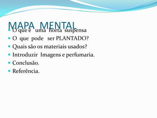 MAPA MENTAL
 O que é uma horta suspensa
 O que pode ser PLANTADO?
 Quais são os materiais usados?
 Introduzir Imagens e perfumaria.
 Conclusão.
 Referência.
 