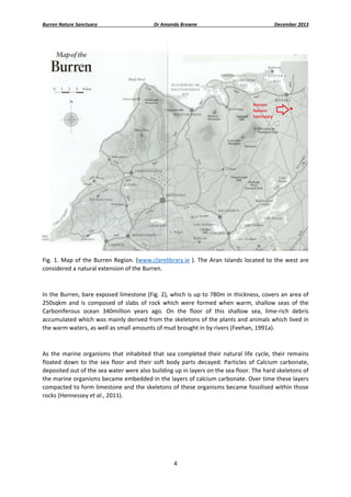 Burren Nature Sanctuary 

Dr Amanda Browne 

December 2013 

 
Fig.  1.  Map  of  the  Burren  Region.  (www.clarelibrary.ie  ).  The  Aran  Islands  located  to  the  west  are 
considered a natural extension of the Burren. 
 
In the Burren, bare exposed limestone (Fig. 2), which is up to 780m in thickness, covers an area of 
250sqkm  and  is  composed  of  slabs  of  rock  which  were  formed  when  warm,  shallow  seas  of  the 
Carboniferous  ocean  340million  years  ago.  On  the  floor  of  this  shallow  sea,  lime‐rich  debris 
accumulated which was mainly derived from the skeletons of the plants and animals which lived in 
the warm waters, as well as small amounts of mud brought in by rivers (Feehan, 1991a).  
 
As  the  marine  organisms  that  inhabited  that  sea  completed  their  natural  life  cycle,  their  remains 
floated  down  to  the  sea  floor  and  their  soft  body  parts  decayed.  Particles  of  Calcium  carbonate, 
deposited out of the sea water were also building up in layers on the sea floor. The hard skeletons of 
the marine organisms became embedded in the layers of calcium carbonate. Over time these layers 
compacted to form limestone and the skeletons of these organisms became fossilised within those 
rocks (Hennessey et al., 2011). 
 

4 
 

 