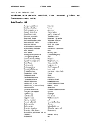 Burren Nature Sanctuary 

Dr Amanda Browne 

December 2013 

APPENDIX I. SPECIES LISTS 
Wildflower  Walk  (Includes  woodland,  scrub,  calcareous  grassland  and 
limestone pavement species 
Total Species: 113 
Acer pseudoplatanus 
Achillea millefolium 
Agrimonia eupatoria 
Agrostis stolonifera 
Anagallis arvensis 
Anemone nemorosa  
Antennaria dioica 
Anthoxanthum odoratum 
Arrhenatherum elatius 
Arum maculatum 
Asplenium ruta marinum 
Asplenium trichomanes 
Bellis perennis 
Briza media 
Brachypodium sylvaticum 
Calliergon cuspidatum 
Campanula rotundifolia 
Capsella bursa‐pastoris 
Carex flacca 
Carex species 
Centaurea nigra 
Ceterach officinarum 
Circaea lutetiana 
Conopodium majus 
Corylus avellana 
Crataegus monogyna 
Cynosurus cristatus 
Dactylis glomerata 
Dactylorhiza fuchsii 
Dactylorhiza fuchsii var.okellyi 
Daucus carota 
Epilobium montanum 
Euonymous europaeus 
Euphrasia spp 
Festuca rubra 
Fragaria vesca 
Fraxinus excelsior 
Fumaria officinalis 
Galium aparine 
Galium verum 
Geranium lucidium 
Geranium robertianum 
Gymnadenia  conopsea  sub  sp. 
Conopsea 
Hedera helix 
51 
 

Sycamore 
Yarrow 
Agrimony 
Creeping bent 
Scarlet pimpernel 
Wood anemone 
Mountain Everlasting 
Sweet Vernal grass 
False oat grass 
Lords and Ladies 
Wall‐rue 
Maidenhair spleenwort 
Daisy 
Quaking grass 
False brome grass 
moss 
Harebell 
Shepherd's purse 
Glaucous sedge 
Sedge species 
Black knapweed 
Rusty back 
Enchanters night shade 
Pignut 
Hazel 
Hawthorn 
Crested dogstail 
Cock's foot grass 
Common spotted‐orchid 
O'Kelly's orchid 
Wild carrot 
Broad‐leaved willowherb 
Spindle 
Eyebright 
Red fescue 
Wild strawberry 
Ash 
Common fumitory 
Cleavers 
Ladies bedstraw 
Shinnning cranes‐bill 
Herb robert 
Fragrant orchid 
Ivy 

 