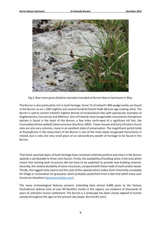 Burren Nature Sanctuary 

Dr Amanda Browne 

December 2013 

 
Fig.3. Blue moor grass (Sesleria caerulea) recorded at Burren Nature Sanctuary in May. 
The Burren is also particularly rich in built heritage. Some 75 of Ireland’s 400 wedge tombs are found 
in the Burren as are c.500 ringforts and several hundred fulacht fiadh (Bronze age cooking sites). The 
Burren is said to contain Ireland’s highest density of ecclesiastical sites with spectacular examples at 
Oughtmamma, Corcomroe and Kilfenora. One of Irelands most recognisable monuments Polnabrone 
dolmen  is  found  in  the  heart  of  the  Burren,  a  few  miles  north‐west  of  a  significant  hill  fort,  the 
triumvallate (three‐walled) Cahercummaun (Dunford, 2002).  Tower houses and Early Christian church 
sites are also very common, many in an excellent state of preservation. The magnificent portal tomb 
at Poulnabrone in the rocky heart of the Burren is one of the most easily recognised monuments in 
Ireland, but is only one very small piece of an extraordinary wealth of heritage to be found in  the 
Burren. 
 
That these assorted layers of built heritage have remained relatively profuse and intact in the Burren 
uplands is attributable to three main factors. Firstly, the availability of building stone in the area which 
meant that existing built structures did not have to be exploited to provide new building material. 
Secondly, the relative durability of stone structures, compared with those made of earth and/or wood. 
Thirdly, the rugged rocky nature and thin soils of the uplands which makes them inherently unsuitable 
for tillage or reclamation for grassland, which probably saved them from a fate that befell many such 
structures elsewhere (www.burrenbeo.com) . 
 
The  many  archaeological  features  present,  extending  back  almost  6,000  years  to  the  famous 
Poulnabrone dolmen  (one of over 80 Neolithic tombs in the region), are evidence of thousands of 
years of unbroken human settlement. The Burren is a landscape has been closely aligned to human 
activity throughout the ages to the present day (www. BurrenLIFE.com).  
 
8 
 

 