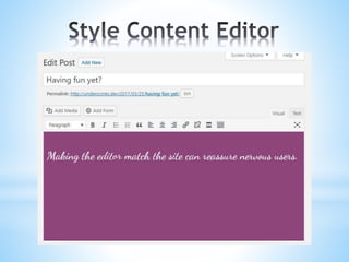 // Apply styles to content editor to make it match the site
function add_custom_editor_style() {
//Looks for an 'editor-style.css' in your theme folder
add_editor_style();
//Or call it with a custom file name if you choose
//(helpful especially when keeping css in a subfolder)
//add_editor_style('css/my-editor-style.css');
}
add_action( 'admin_init', 'add_custom_editor_style' );
 