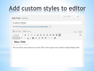 // Callback function to filter the Tiny MCE settings
function tiny_mce_add_styles( $init_array ) {
// Define the style_formats array
$style_formats = array(
// Each array child is a format with its own settings
array(
'title' => 'Blue Title',
'block' => 'div',
'classes' => 'blue-title'
)
);
// Insert the array, JSON ENCODED, into 'style_formats'
$init_array['style_formats'] = json_encode( $style_formats );
return $init_array;
}
add_filter('tiny_mce_before_init','tiny_mce_add_styles' );
More details at: https://codex.wordpress.org/TinyMCE_Custom_Styles
 