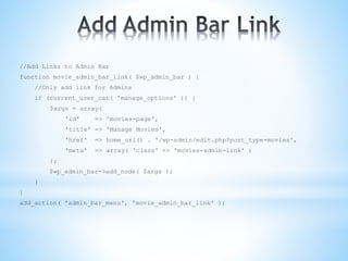 //Add widget to dashboard page
function add_movies_dashboard_widgets() {
wp_add_dashboard_widget('movies-widget', 'Recent Movies', 'movies_dashboard_widget');
}
add_action('wp_dashboard_setup', 'add_movies_dashboard_widgets');
//Dashboard widget logic (can be anything!)
function movies_dashboard_widget() {
$args = array ( 'post_type' => 'movies', 'posts_per_page' => 5 );
$movies = new WP_Query( $args );
if($movies->have_posts()) :
while($movies->have_posts()): $movies->the_post();
echo '<div style="margin-bottom: 10px;">';
$url = home_url() . "/wp-admin/post.php?post=" . get_the_id() . '&action=edit';
echo '<a href="' . $url . '">' . get_the_title() . '</a> - ';
echo get_post_meta( get_the_id(), 'release-year' , true ) . '</div>';
endwhile;
endif;
}
 