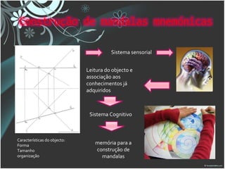 Sistema sensorial Leitura do objecto e associação aos conhecimentos já adquiridos Sistema Cognitivo memória para a construção de mandalas Características do objecto: Forma Tamanho organização 
