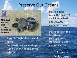 Preserve Our Oceans
Amanda
M’Sadoques
If you brought it in, take it
home
Cut plastic soda can rings
Don’t use the beach as an
ashtray
Plastic debris
cause the death of
a million seabirds,
and 100,000
mammals a year
Plastic cuts off the
breathing
passages and
stomachs to many
marine species.
 