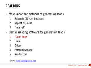 REALTORS
• Most important methods of generating leads
1. Referrals (50% of business)
2. Repeat business
3. “Internet”
• Best marketing software for generating leads
1. “Don’t know”
2. Trulia
3. Zillow
4. Personal website
5. Realtor.com
SOURCE: Realtor Technology Survey, 2013
 