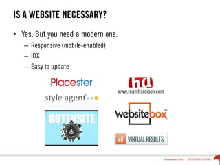 IS A WEBSITE NECESSARY?
• Yes. But you need a modern one.
– Responsive (mobile-enabled)
– IDX
– Easy to update
www.teamhardison.com
 