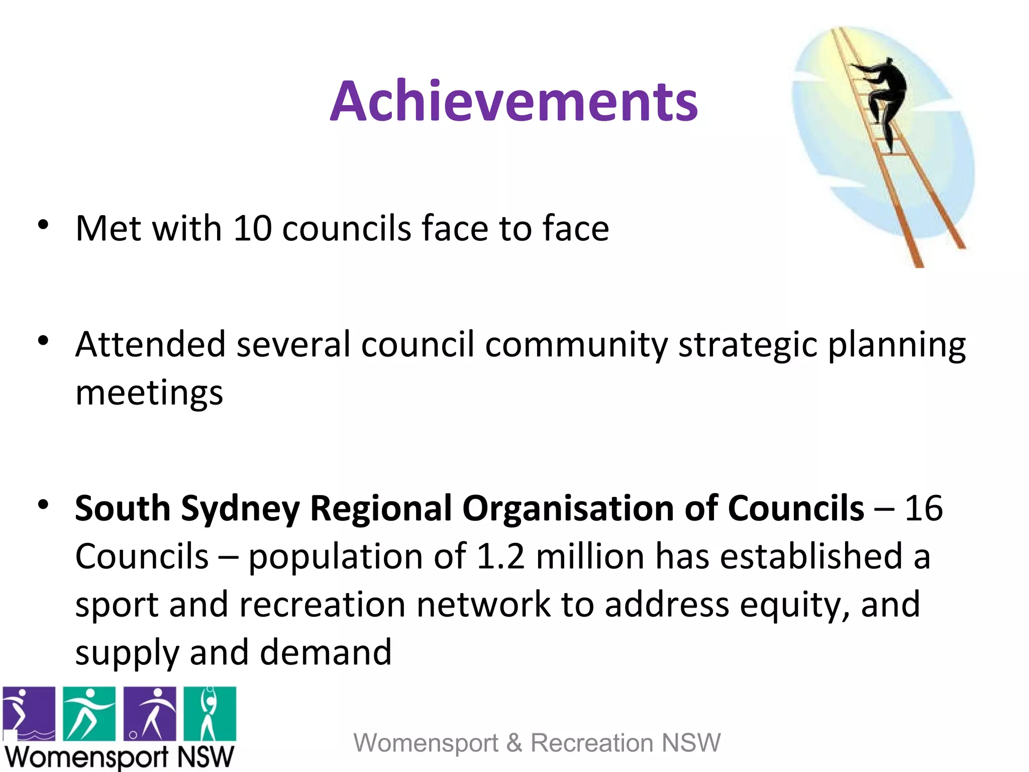 Achievements
• Met with 10 councils face to face
• Attended several council community strategic planning
meetings
• South Sydney Regional Organisation of Councils – 16
Councils – population of 1.2 million has established a
sport and recreation network to address equity, and
supply and demand
Womensport & Recreation NSW
 