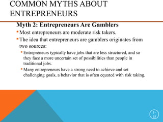 COMMON MYTHS ABOUT
ENTREPRENEURS
Myth 2: Entrepreneurs Are Gamblers
Most entrepreneurs are moderate risk takers.
The idea that entrepreneurs are gamblers originates from
two sources:
 Entrepreneurs typically have jobs that are less structured, and so
they face a more uncertain set of possibilities than people in
traditional jobs.
 Many entrepreneurs have a strong need to achieve and set
challenging goals, a behavior that is often equated with risk taking.
1-
15
 