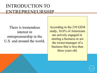 INTRODUCTION TO
ENTREPRENEURSHIP
1-4
There is tremendous
interest in
entrepreneurship in the
U.S. and around the world.
According to the 210 GEM
study, 10.6% of Americans
are actively engaged in
starting a business or are
the owner/manager of a
business that is less than
three years old.
 