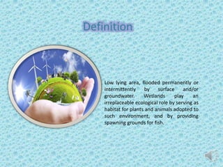 Low lying area, flooded permanently or
intermittently by surface and/or
groundwater. Wetlands play an
irreplaceable ecological role by serving as
habitat for plants and animals adopted to
such environment, and by providing
spawning grounds for fish.
 
