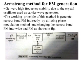 Armstrong method for FM generation
• Get very high frequency stability due to the crystal
oscillator used as carrier wave generator.
•The working principle of this method is generate
narrow band FM indirectly by utilizing phase
modulation method and changing the narrow band
FM into wide bad FM as shown in fig.
 