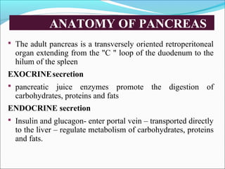 ANATOMY OF PANCREAS
 The adult pancreas is a transversely oriented retroperitoneal
organ extending from the "C " loop of ...