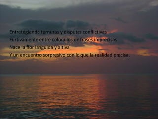 Entretegiendo ternuras y disputas conflictivas
Furtivamente entre coloquios de frases imprecisas
Nace la flor languida y altiva
Y un encuentro sorpresivo con lo que la realidad precisa.
 