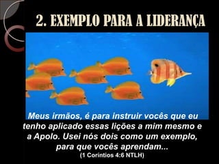2. EXEMPLO PARA A LIDERANÇAMeus irmãos, é para instruir vocês que eu tenho aplicado essas lições a mim mesmo e a Apolo. Usei nós dois como um exemplo, para que vocês aprendam...(1 Coríntios 4:6 NTLH)