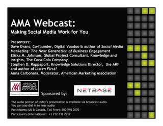 AMA Webcast:
Making Social Media Work for You
Presenters:
Dave Evans, Co-founder, Digital Voodoo & author of Social Media
Marketing: The Next Generation of Business Engagement
Eliska M. Johnson, Global Project Consultant, Knowledge and
Insights, The Coca-Cola Company
Stephen D. Rappaport, Knowledge Solutions Director, the ARF
and author of Listen First!
Anna Carbonara, Moderator, American Marketing Association




                       Sponsored by:
The audio portion of today’s presentation is available via broadcast audio.
You can also dial in to hear audio:
Participants (US & Canada, Toll Free): 800 940 0570
Participants (International): +1 212 231 2917
 