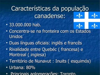 Características da população canadense: 33.000.000 hab. Concentra-se na fronteira com os Estados Unidos Duas línguas oficiais: inglês e francês Rivalidade entre Quebéc ( francesa) e Montreal ( inglesa) Território de Nunavut : Inuits ( esquimós) Urbana: 80% Principais aglomerações: Toronto, Montreal, Otawwa, Vancouver, Calgary, Edmonton e Quebéc 