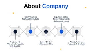 Products with
Affordable Price, With
high Durability
Raised $ 116.3
Millions as of Now
Already Achieved
Popularity & Credibility
Mainly focus on
Fashionable Products
Expanding Cat log
Timely, Follow Trends
& Consumer Needs
About Company
 