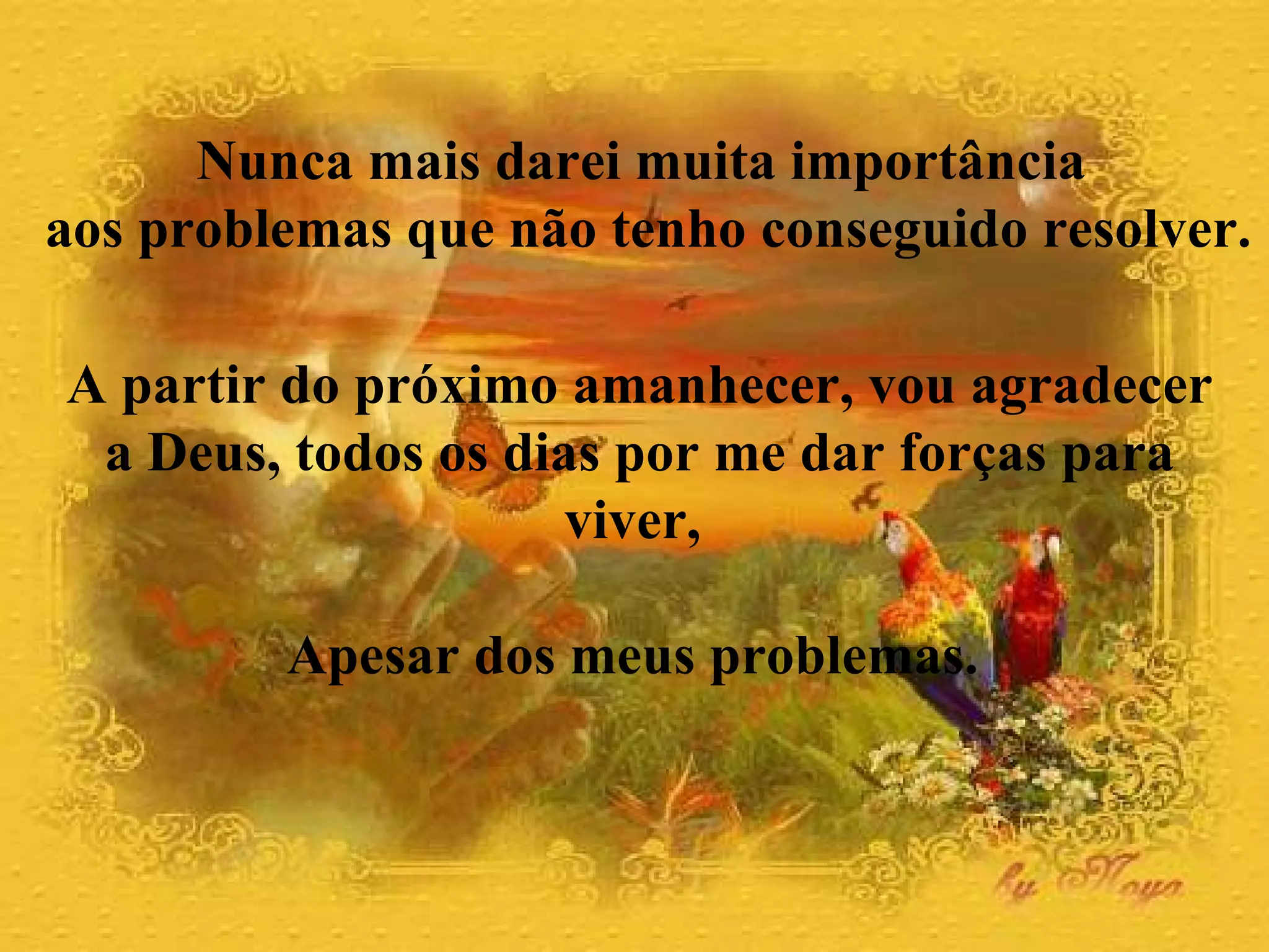 A partir do próximo amanhecer, vou agradecer a Deus, todos os dias por me dar forças para viver,  Apesar dos meus problemas.  Nunca mais darei muita importância  aos problemas que não tenho conseguido resolver.  