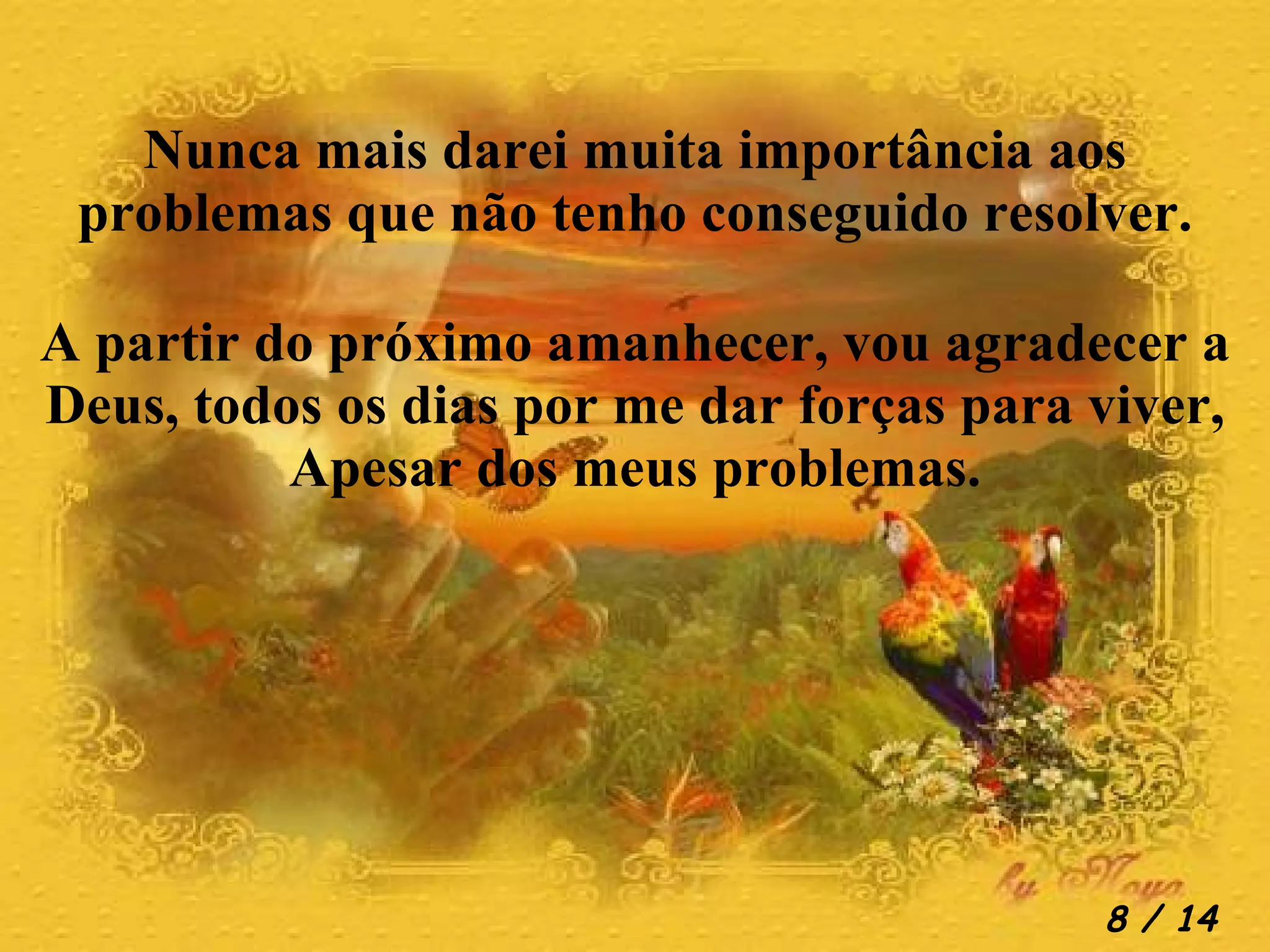 A partir do próximo amanhecer, vou agradecer a Deus, todos os dias por me dar forças para viver, Apesar dos meus problemas. Nunca mais darei muita importância aos problemas que não tenho conseguido resolver.  / 14 
