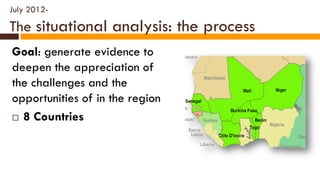July 2012-
The situational analysis: the process
Goal: generate evidence to
deepen the appreciation of
the challenges and the
opportunities of in the region
 8 Countries
 
