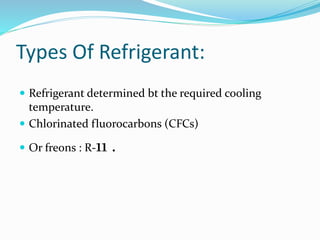 Types Of Refrigerant:
 Refrigerant determined bt the required cooling
temperature.
 Chlorinated fluorocarbons (CFCs)
 Or freons : R-11 .
 