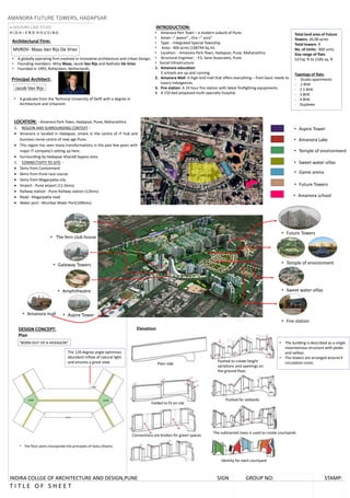 T I T L E O F S H E E T
SIGN GROUP NO: STAMP:
INDIRA COLLGE OF ARCHITECTURE AND DESIGN,PUNE
A HOUSING CASE STUDY
H I G H – E N D H O U S I N G
“BORN OUT OF A HEXAGON”
Jacob Van Rijs
Architectural Firm:
• A globally operating firm involved in innovative architecture and Urban Design.
• Founding members- Winy Maas, Jacob Van Rijs and Nathalie De Vries
• Founded in 1993, Rotterdam, Netherlands
Principal Architect:.
DESIGN CONCEPT:
Plan
• A graduate from the Technical University of Delft with a degree in
Architecture and Urbanism
Total land area of Future
Towers: 26.00 acres
Total towers- 9
No. of Units: 900 units
Size range of flats:
527sq. ft to 2185 sq. ft
Typology of flats:
- Studio apartments
- 2 BHK
- 2.5 BHK
- 3 BHK
- 4 BHK
- Duplexes
The 120 degree angle optimises
abundant inflow of natural light
and ensures a great view
INTRODUCTION:
• Amanora Part Town – a modern suburb of Pune.
• Aman –“ peace” , Ora –“ aura”
• Type: - Integrated Special Township
• Area:- 400 acres (168744 Sq.m)
• Location: - Amanora Park Town, Hadapsar, Pune, Maharashtra
• Structural Engineer: - Y.S. Sane Associates, Pune
• Social Infrastructure
1. Amanora education:
3 schools are up and running.
2. Amanora Mall: A high-end mall that offers everything – from basic needs to
luxury indulgences.
3. Fire station: A 24 hour fire station with latest firefighting equipments.
4. A 150 bed proposed multi-specialty hospital.
LOCATION: - Amanora Park Town, Hadapsar, Pune, Maharashtra
1. REGION AND SURROUNDING CONTEXT: -
• Amanora is located in Hadapsar, smack in the centre of IT hub and
business nerve centre of new age Pune.
• This region has seen many transformations in the past few years with
major IT company’s setting up here.
• Surrounding by Hadapsar Kharadi bypass area.
1. CONNECTIVITY TO SITE: -
• 5kms from Cantonment
• 6kms from Pune race course
• 5kms from Magarpatta city
• Airport: -Pune airport (11.5kms)
• Railway station: -Pune Railway station (12kms)
• Road: -Magarpatta road
• Water port: -Mumbai Water Port(169kms)
• The fern club house
• Sweet water villas
• Temple of environment
• Fire station
• Aspire Tower
• Amphitheatre
• Gateway Towers
• Future Towers
• Amanora mall
• Aspire Tower
• Amanora Lake
• Temple of environment
• Sweet water villas
• Game arena
• Future Towers
• Amanora school
Elevation
• The building is described as a single
mountainous structure with peaks
and valleys
• The towers are arranged around 4
circulation cores.
• The floor plans incorporate the principles of Vastu Shastra
Plain slab
Pushed to create height
variations and openings on
the ground floor.
Folded to fit on site
Pushed for setbacks
Connections are broken for green spaces
The subtracted mass is used to create courtyards
Identity for each courtyard
MVRDV- Maas Van Rijs De Vries
 