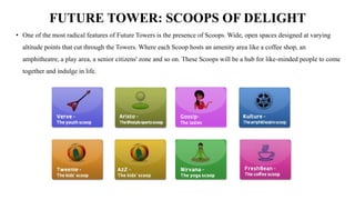 FUTURE TOWER: SCOOPS OF DELIGHT
• One of the most radical features of Future Towers is the presence of Scoops. Wide, open spaces designed at varying
altitude points that cut through the Towers. Where each Scoop hosts an amenity area like a coffee shop, an
amphitheatre, a play area, a senior citizens' zone and so on. These Scoops will be a hub for like-minded people to come
together and indulge in life.
 